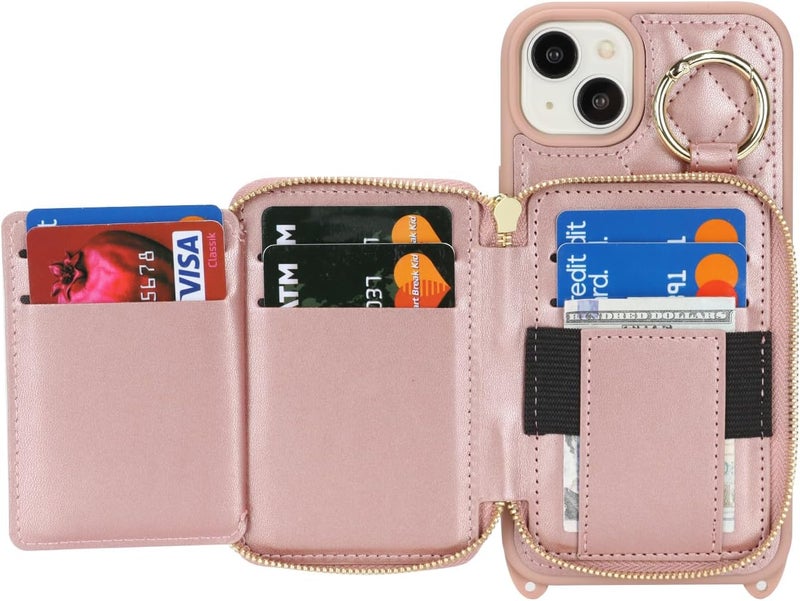 Hamany Crossbody Wallet Case for iPhone 15 Plus, PU Leather Zipper Handbag Purse Flip Cover, Kickstand Folio Case with Card Slots Holder Wrist Strap Lanyard 5G 6.7 Inch-Rose Gold - Image 5